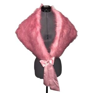 Vtg Y2K Pink Faux Fur Wrap Stole Satin Bow Barbiecore Glam Helen Welsh